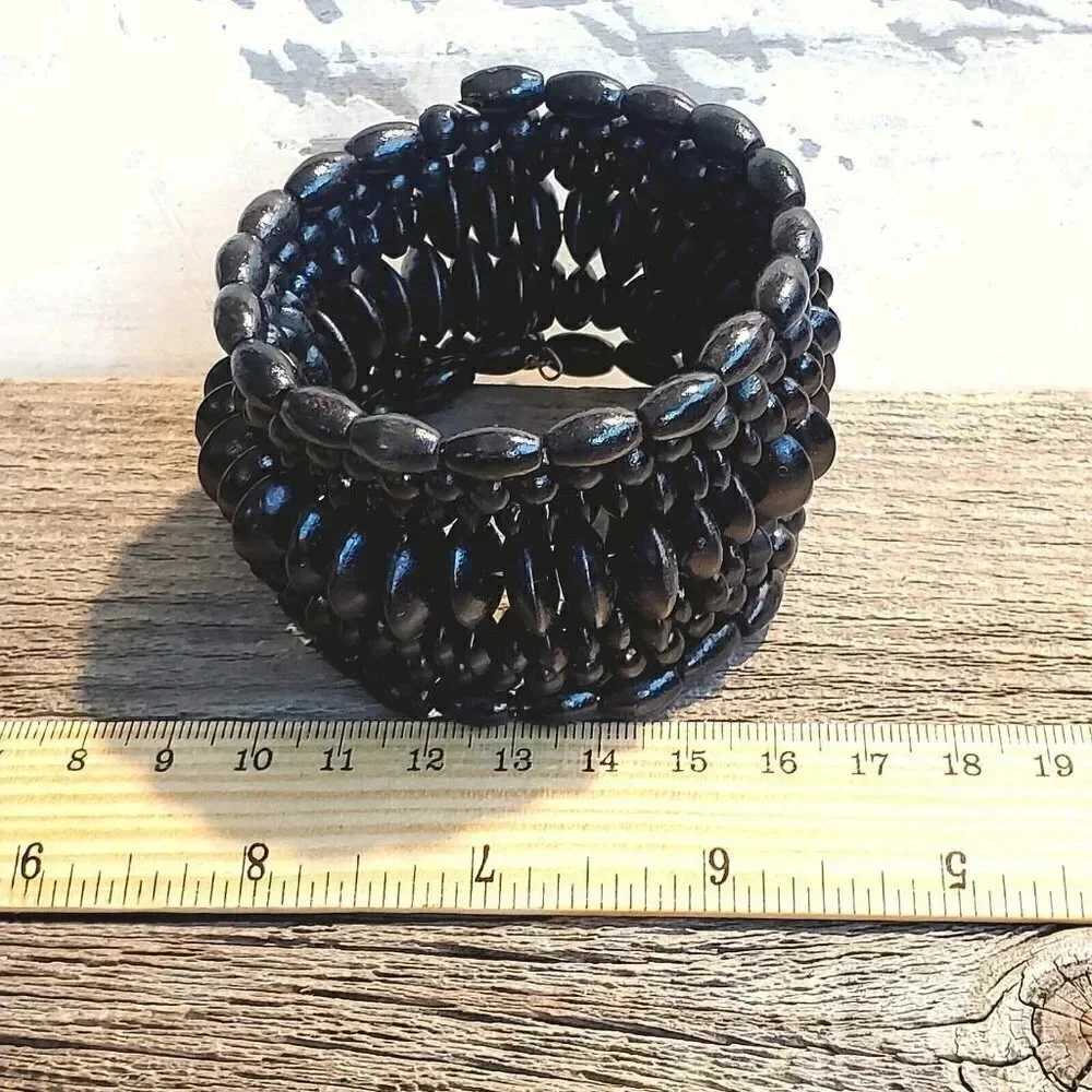 Vintage 90s Bali Sustainable Black Wood Beads Memory Wire Wrap Bracelet